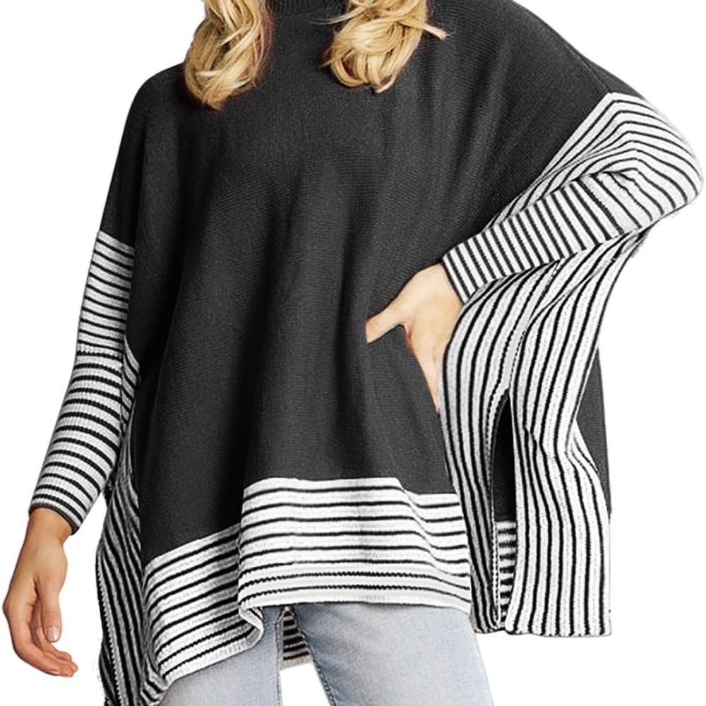 Striped Black and White Women's poncho style Sweater